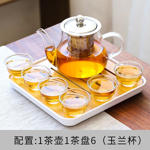 Haoxiang light luxury high-end complete set of heat-resistant glass kung fu tea set for home office tea cup pot for entertaining guests Japanese style Bajun pot + magnolia cup 7-piece set + small square plate