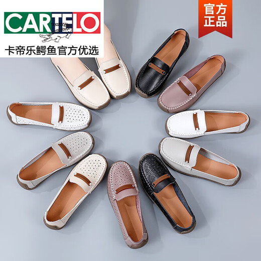 Cartelo Bean Schuhe Frauenschuhe 2025 Neues Sommer Echtes Leder flacher Schuhe nicht rutschernde atmungsaktive weiche alleinige Frühlings- und Herbst-Mutterschuhe 826 Beige Hollow 38
