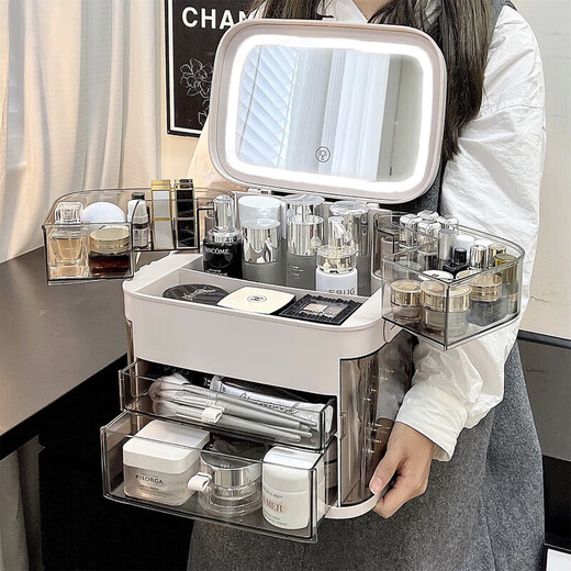Yunya cosmetics storage box desktop LED light with mirror multi-functional all-in-one dressing table storage rack lipstick storage cabinet makeup storage box LED mirror fan fixed makeup style