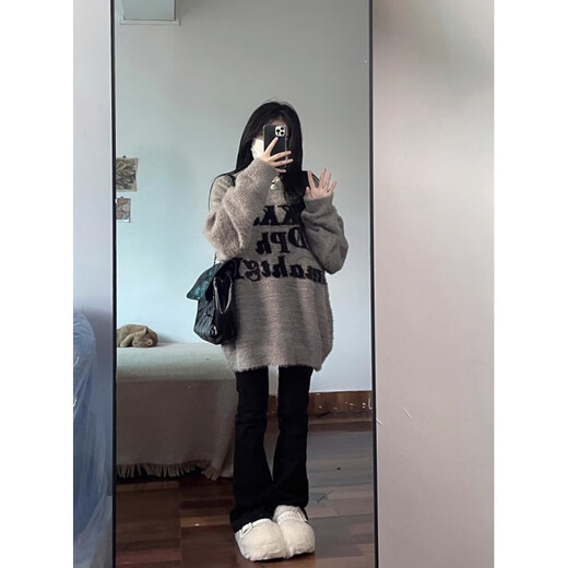 DXOT2025 new sweater for women for small people in autumn and winter, thickened, loose, lazy, soft, glutinous milk, fufu sweater trendy gray version S recommended 80-95Jin Jin equals 0.5 kg