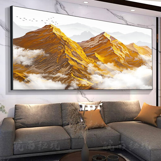 皖西秘境山水风景靠山挂画大气办公室壁画日照金山油画客厅沙发背景墙装饰 CT-3524-背靠金山 宽280cm高110cm(3.5米沙发) 【油画布】+黑铝框（5%客户选）