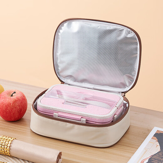 Zhangu insulation bag thickened aluminum foil rectangular round large-capacity lunch box bag student office worker portable lunch bag with rice off-white breakfast cup bag small size