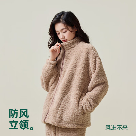 Anzhiban Couple Pajamas Spring and Autumn Warm-locking Snow Velvet Wearable Stand-up Collar Long-Sleeved Pants Home Clothing Set A Khaki M