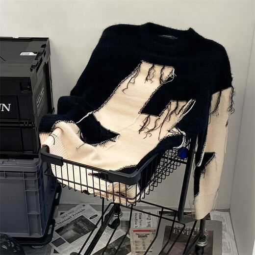 International Automne and Winter Fashion Brand Design Niche Couleur contrastée épissage Sweat Ripped Sweater Men American Retro Trendy Ins Loose Loty Style High Und Fouet Top 826 Abricot Couleur de haute qualité L Suivez le magasin pour la livraison prioritaire