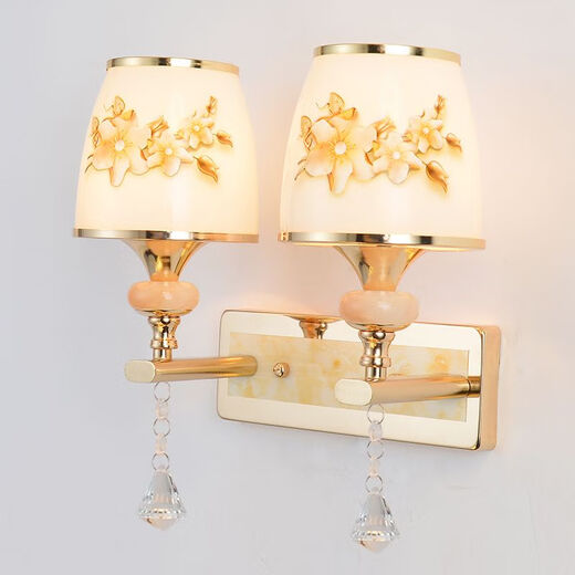 Micro wall lamp bedside lamp Nordic modern European style simple creative led American bedroom living room corridor staircase wall lamp 034 double head with pull switch-three-color LED bulb