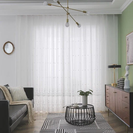 Sun-protecting window screen, transparent and opaque, pleated white gauze curtain, living room, bedroom balcony, embroidered window sand curtain, solid color, semi-transparent, width 4.0, height 2.7, one hook can be shortened