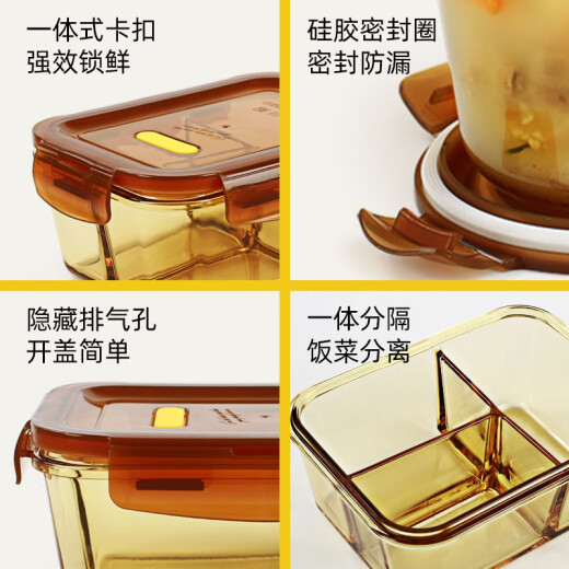 Chuangde en verre résistant à la chaleur Boîte de maintien frais, boîte à lunch spéciale au micro-ondes pour les employés de bureau, bol scellé pour la boîte à lunch, Xinghailan trois partitions longueur 1050 ml + vaisselle