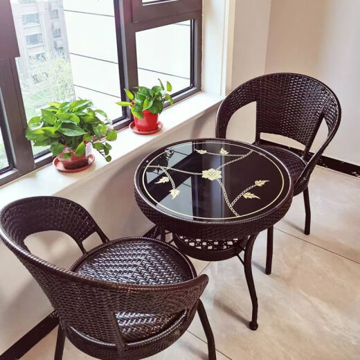 Three-piece set of swirling tile Hinde rattan chair with tea-making balcony leisure chair, outdoor living room coffee table, swivel chair, round table, five-piece set, imitation rattan zebra pattern classic model: 54 round table and two non-swivel chairs (comes with cushion)