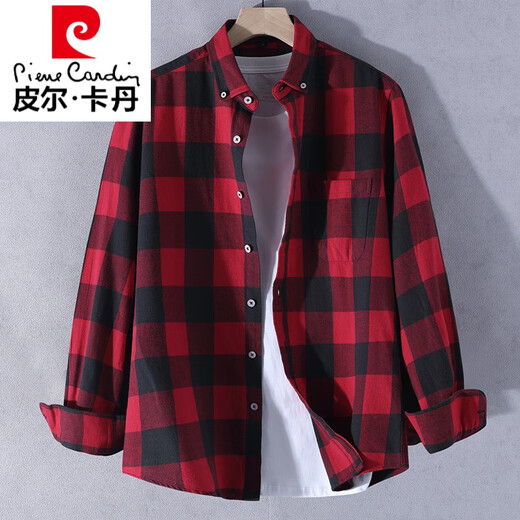 皮尔卡丹（pierre cardin）大格子长袖衬衫男绿色纯棉衬衣服初中高中学生春秋季新款外套 CS867黑白 (纯棉面料) 3XL (适合体重170斤-185斤穿)