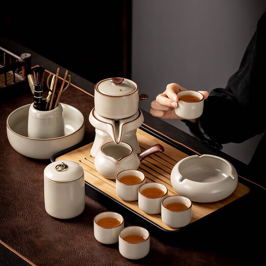 Porcelain brand tea set Ru Kiln automatic tea set set Ceramic stone mill lazy tea making artifact household anti-scalding Kung Fu tea set complete set Beige Ru Kiln single tea set + fair cup 1 piece