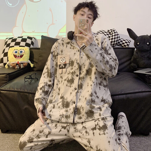 Mobeihai star couple pajamas spring and autumn long-sleeved pure cotton cartoon Japanese ins style men's and women's home wear two-piece set TM-2278 Black Stitch L male