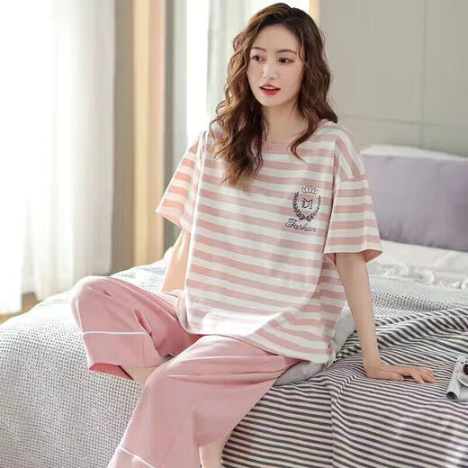 浪莎（LangSha）睡衣女夏季短袖七分裤加大宽松春夏天可外穿卡通可爱家居服套装 短袖七分裤679 L _建议98-115斤穿