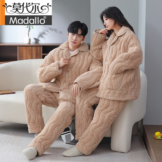 Modal coral velvet pajamas couple outfits for men and women autumn and winter style plus velvet thickened three-layer cotton warm home clothing set 1365 couples 2XL 3-layer women's style