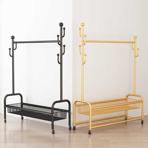 Wooden multifunctional clothes hanger floor-standing bedroom coat rack living room balcony single pole clothes drying mobile storage storage hanger 120cm light luxury gold double-layer mesh basket + 6 hooks + wheels