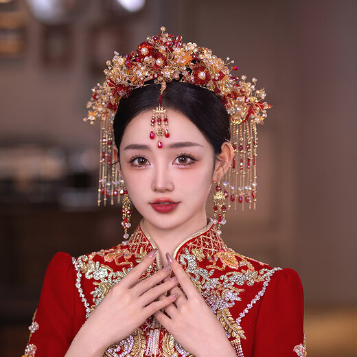 DR-FLVVS Fat Donglai's same style phoenix crown Xiamei headdress Chinese style bride Xiuhe 2024 new style atmospheric front and rear hair crown wedding eyebrow model phoenix crown suit + ear clip