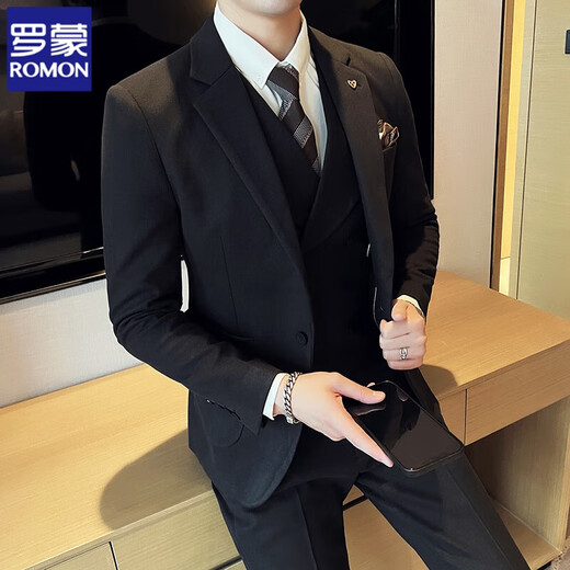 ROMON Woolen Suit Men's Autumn and Winter Suit Men's Business Formal Thickened Groom Wedding Suit Three-piece Set Black Three-piece Set + White Shirt Free Tie XL