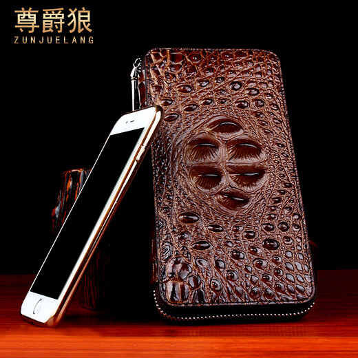Zunjue Wolf Crocodile Leder Brieftasche Herren Langer Reißverschluss Clutch junger High-End-Business-Leder-Bag Multi-Card-Handtasche Trendy Braun