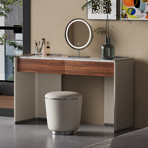 Jiajia Huan Italian style minimalist light luxury dressing table high-end customized leather veneer solid wood dressing table simple high-end designer dressing table + makeup stool + makeup mirror length 100x width 45x height 75cm