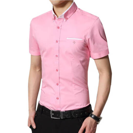 皮尔卡丹（pierre cardin）男款短袖衬衫修身型有特大号衣粉红色伴郎礼服结婚衬衣半袖夏季针 白色 M