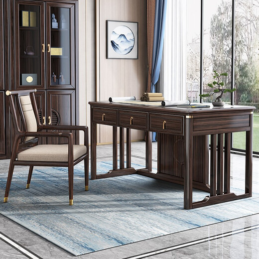 Harmonious Home Desk New Chinese Style Black Gold Wood Desk Solid Wood Desk and Chair Combination Study Furniture Calligraphy Writing Office Drawing Desk 1.6 Meter Desk + Book Chair Solid Wood Model (X220207) Cushion Included