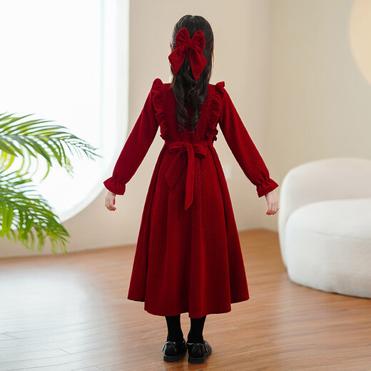 Xuanxuan Xiubei girls princess dress autumn and winter 2024 new children's long-sleeved dress little girl style velvet long skirt burgundy velvet hairpin 160