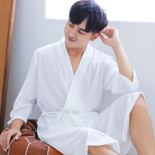 
NaiJIATU men's spring and summer thin nightgown for women's towel bathrobe plus size pajamas home clothes couple medium long short sleeve waffle charcoal grey men L 130-150Jin [Jin equals 0.5 kg]