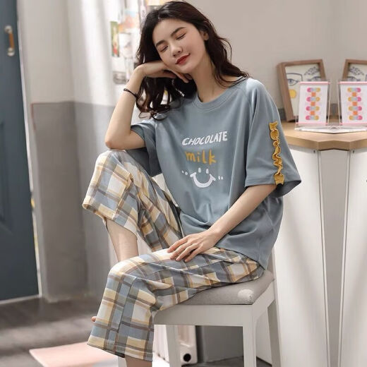 浪莎（LangSha）睡衣女夏季短袖七分裤加大宽松春夏天可外穿卡通可爱家居服套装 短袖七分裤679 L _建议98-115斤穿