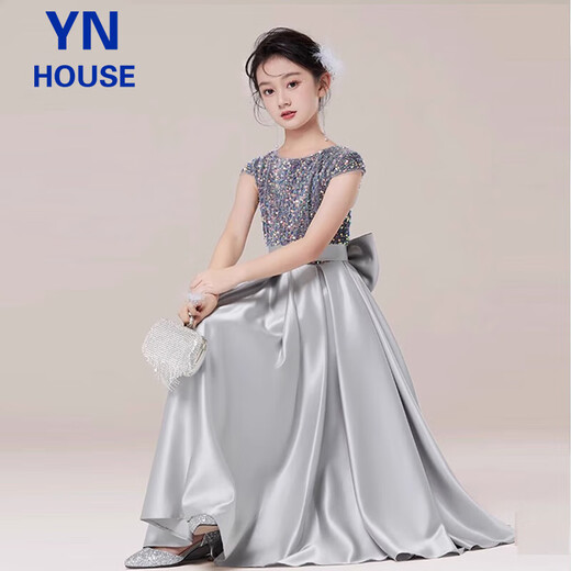 衣诺坊儿童礼服女童长裙演出服主持人表演舞蹈裙 灰色：缎摆长裙 140cm