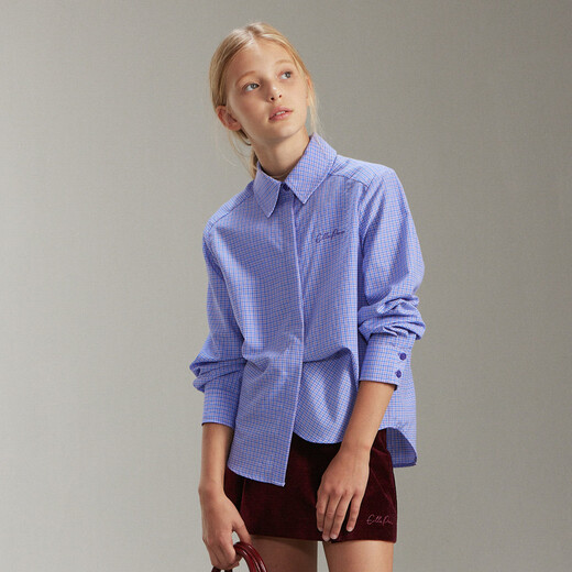 ELLE KIDS French girls spring new plaid embroidered soft and comfortable classic basic long-sleeved polo collar shirt