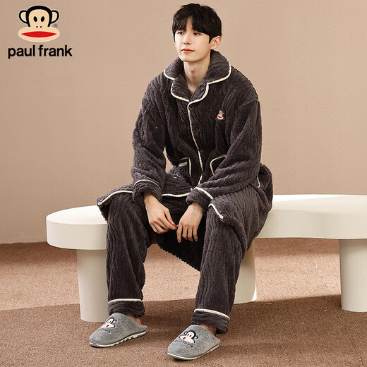 PAUL FRANK Big Mouth Monkey solid color couple pajamas men's winter coral velvet thickened long flannel home clothes women's nightgown set