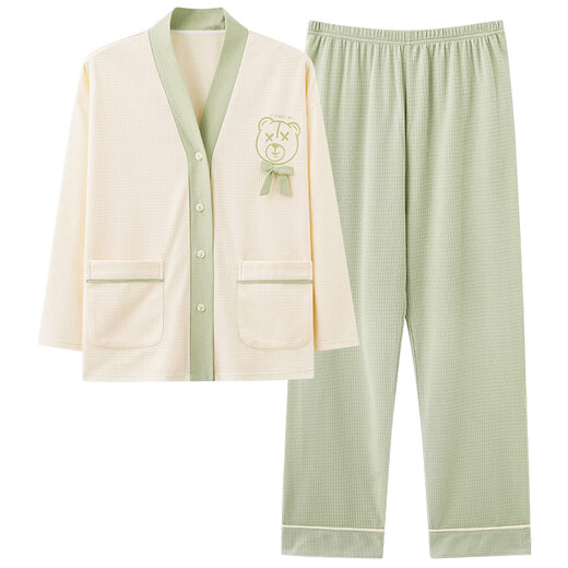 Modal 2025 new couple pajamas for one man and one woman spring and autumn cardigan long-sleeved two-piece set cute home clothes cardigan s1232 green bear L female L male 2XL