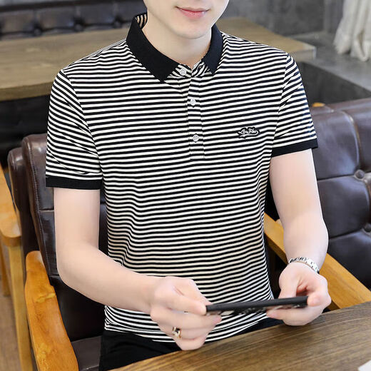 2024 Neues kurzärmeliges Polo-Hemd Männer-Sommer-Herren-T-Shirt mit Kragen halbärmelig Polo-Hemd gestreiftes T-Shirt Männer 6627 White M.