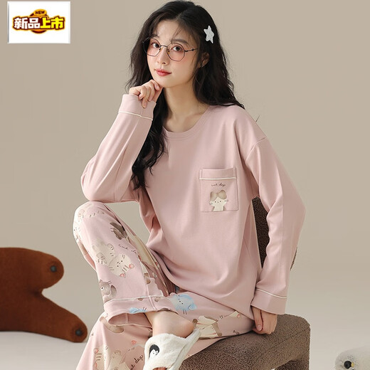 梦莲娅睡衣女春秋款长袖棉粉色卡通猫咪印花甜美学生家居服套装 o693a M 码(适合体重80-100斤)