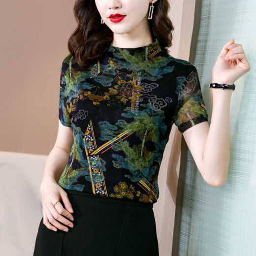 依慕琪冰丝网纱打底衫女新款夏半高领时尚洋气高弹修身显瘦纱网T恤 9755 M  105以内
