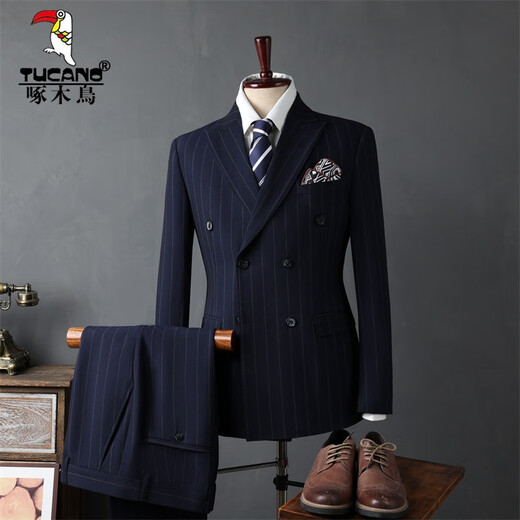 Woodpecker (TUCANO) Men's Suit Casual Business Formal Wear Groomsmen's Wear Groom's Wedding Double-breasted Striped Suit Jacket Men's Black (suit + trousers) 52/XL (125-135Jin Jin equals 0.5kg)