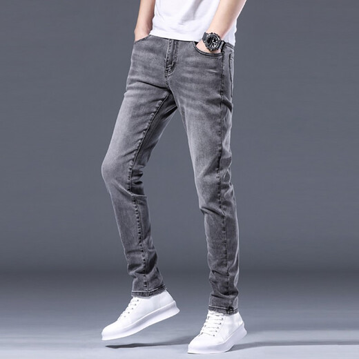 
Woodpecker jeans men's ripped slim feet Korean style trendy summer new style trousers stretch casual versatile pants men QQN1048 smoke gray 28