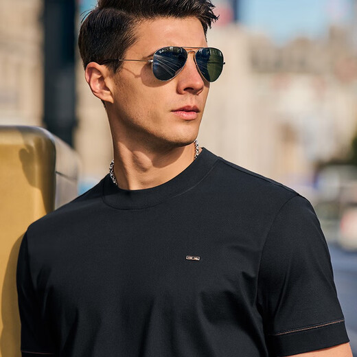 Mr. BU Brand Logo runder Nacken mercerisierter Baumwoll-T-Shirt Frühlings- und Sommermode lässig Kurzärmelige Herrenkleidung AT12052 Black 2xl (185)