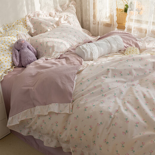 Ruiqin Korean cream small floral pure cotton princess style lace cotton student bed 1.8m bedding small pink flower ruffle bed sheet set x 1.5m four-piece set (20 quilt covers