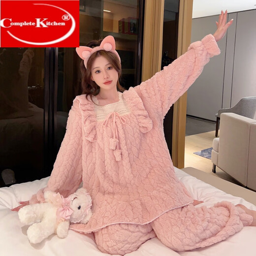 
COMPLETE KITCHEN Autumn and winter furry and velvet pajamas ladies large size fat fat mm200Jin [Jin equals 0.5 kg] Add fat and add milk velvet WY-1278# pink M code 80-100Jin [Jin equals 0.5 kg]