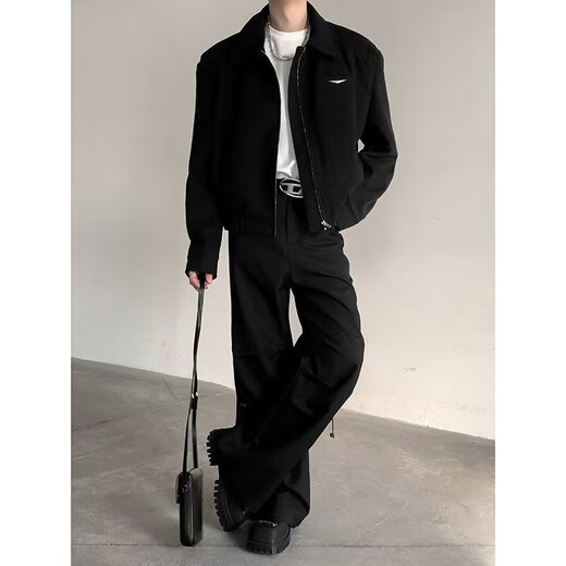 Huafeng Yino short jacket men's spring and autumn American handsome shoulder pad jacket high-end black cleanfit lapel baseball uniform black XL 120-140Jin [Jin equals 0.5 kg]