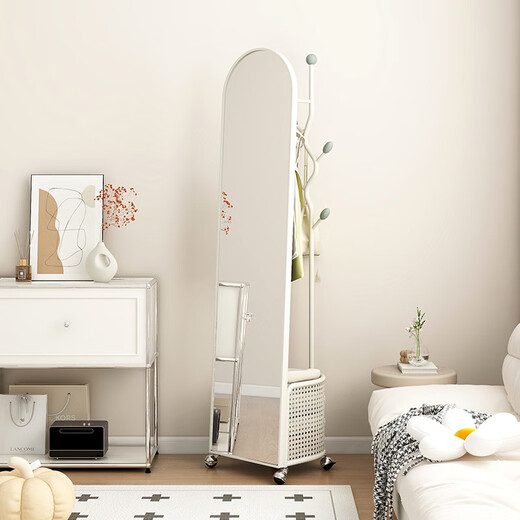 Sulip Espejo de pie de cuerpo entero, moderno y simple, espejo cosmético, espejo de cuerpo entero, de pie, extraíble, de alta gama, para dormitorio, espejo de pie, espejo estrellado de cuerpo entero, cesta de almacenamiento ovalada, color crema y blanco