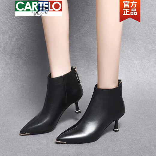 CARTELO 2025 new autumn and winter thin heel leather short boots full cowhide pointed high heels women's small heel Martin boots spring single boots black-single 34