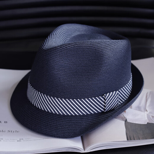 Rogosky counter trendy brand spring and summer men's and women's top hat British hand-knitted travel straw hat sun hat jazz hat light luxury original navy blue large size L (58-61cm) adjustable with windproof rope
