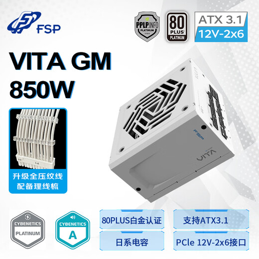 FSP VITA GM 850W Snow Edition Platinum Full Modular Power Supply (ATX3.1/PCle 5.1 12V-2x6 interface/105 Japanese capacitor/fully embossed cable)