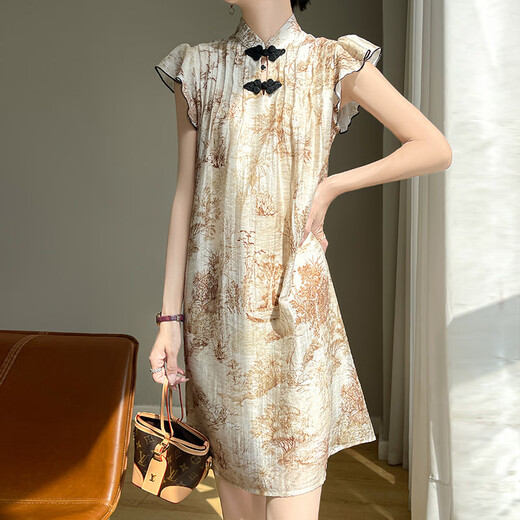 Li Yinu (LISLAVE) 2025 summer new Chinese style cheongsam short-sleeved dress with ladies' temperament loose slim and buckle new Chinese skirt apricot JRP692 M