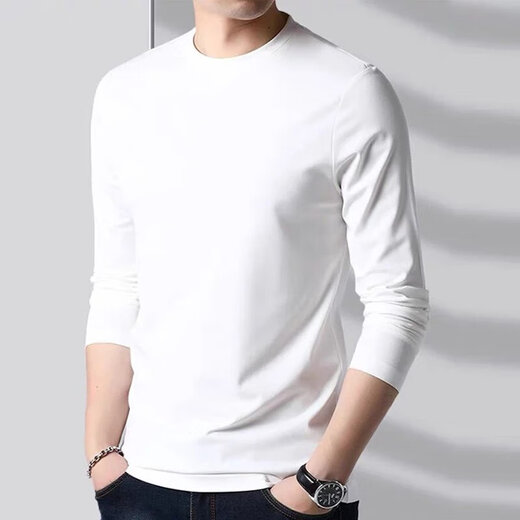 Kissed spring and autumn pure cotton long-sleeved T-shirt for men, slim fit and versatile round neck, middle-aged students long-sleeved bottoming shirt, autumn inner layering top, high-quality version white XL recommended weight 120-135