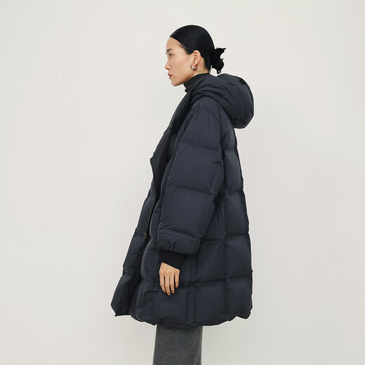 
LESS winter double-sided white duck down jacket for women's design warm mid-length drawstring jacket 2NAC12530 011/carbon black S