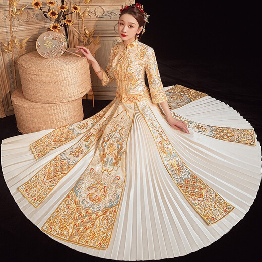 ZEIMSSMM Xiuhe Wedding Bridal 2024 New Wedding Dress Ancient Wedding Dress Cheongsam Photo Studio Same Style Chinese Wedding Dress 147 Gold No Diamond Style L