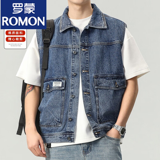 罗蒙（ROMON）2024牛仔马甲男无袖坎肩夹克男士春秋季潮流宽松百搭工装外套 9215蓝色 +9216蓝色 S