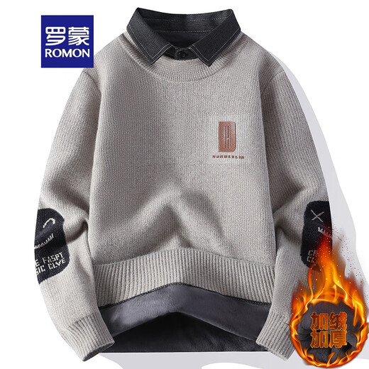 罗蒙（ROMON）潮流内搭衬衫领长袖针织衫上衣潮男秋冬款保暖加绒加厚假两件毛衣 卡其QDMYM9901 XL